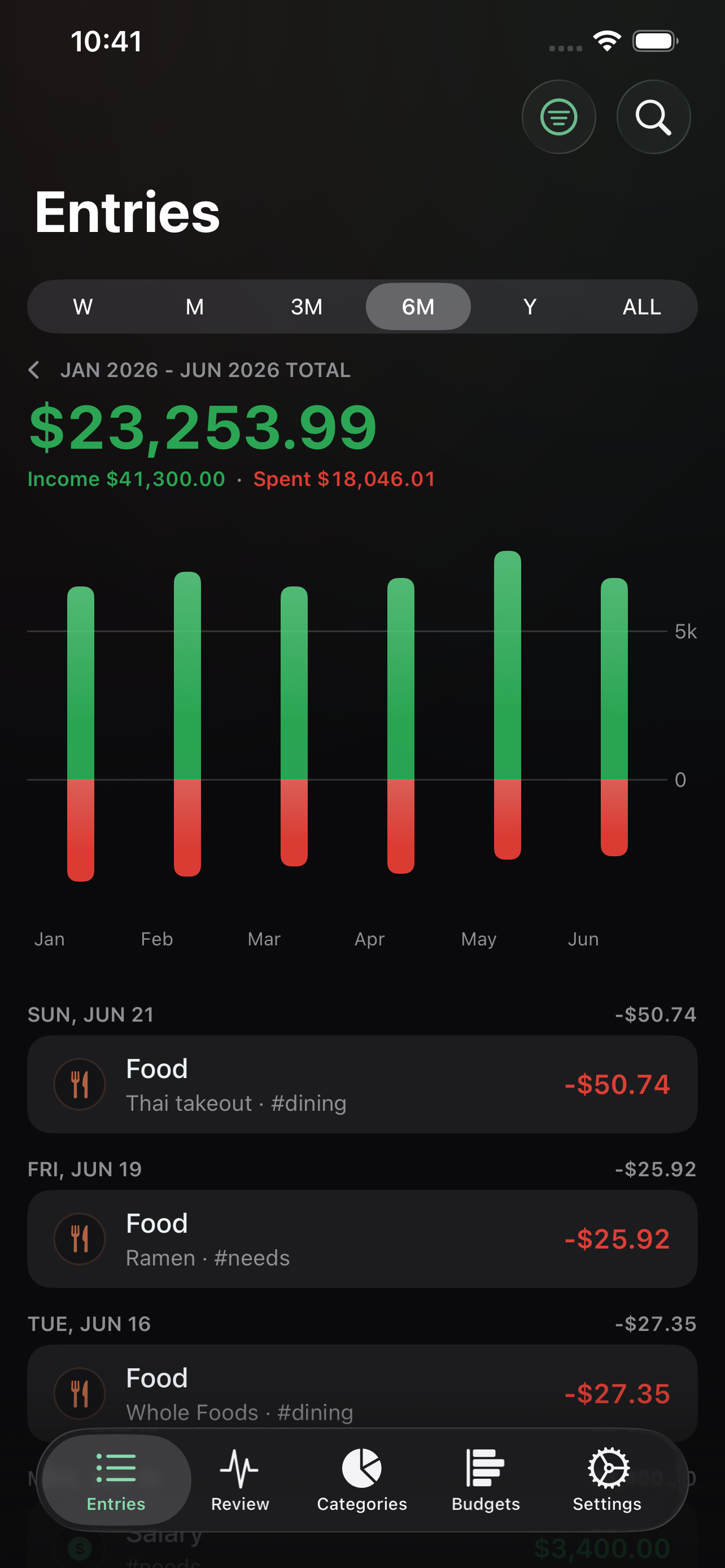 Entries screen